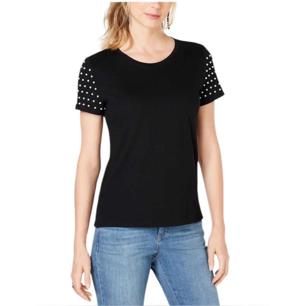 INC International Concept Stylish black Faux Pearl short Sleeve crewneck T-Shirt